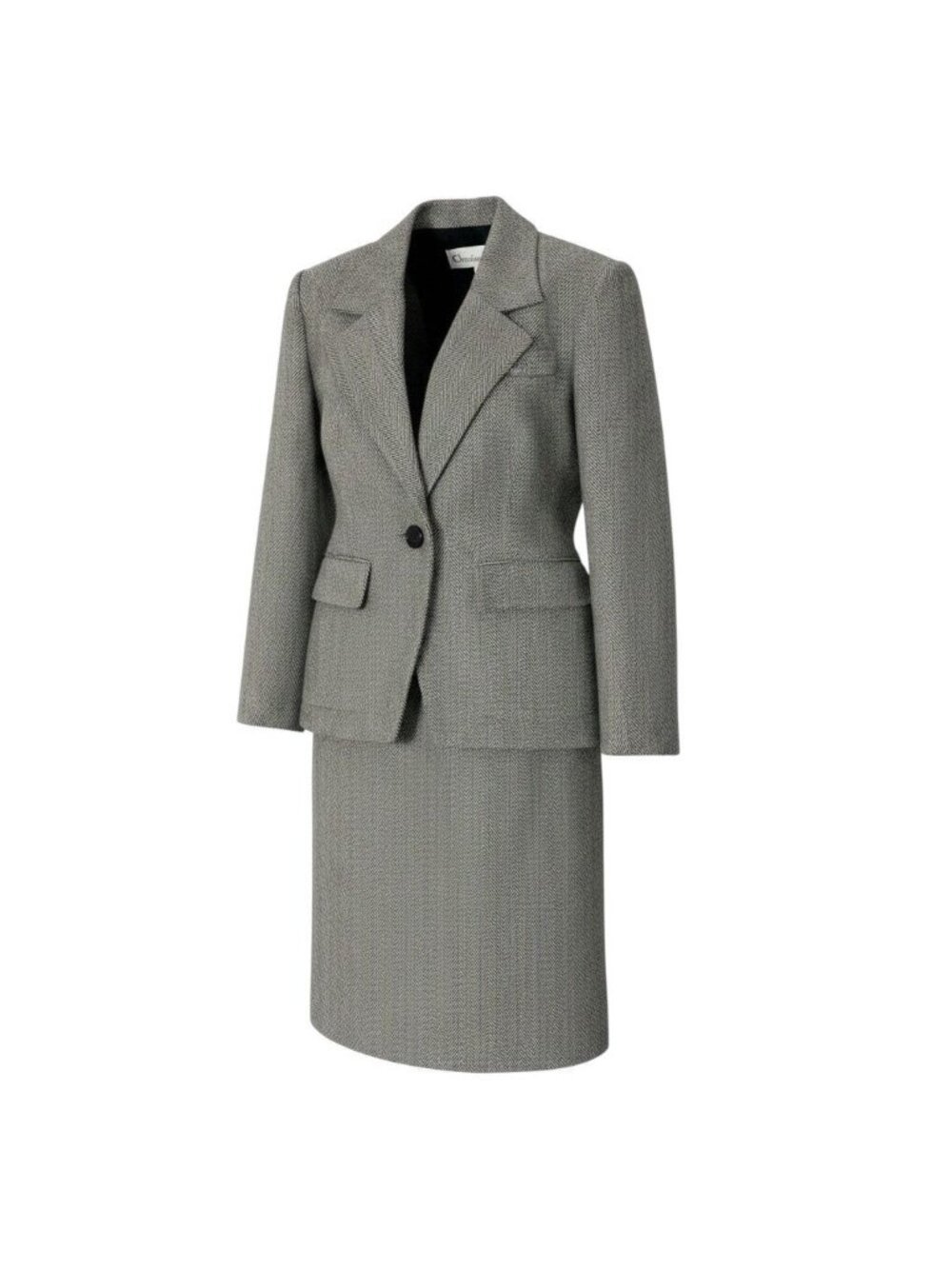 Dior Set Skirt Suit Herringbone Pattern Tailored Jacket Knee Length Black White